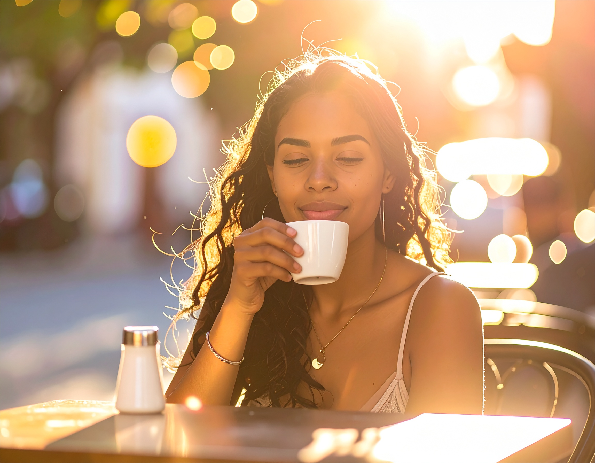 Mulher sentada ao ar livre em um café, saboreando uma xícara de café sob luz dourada do pôr do sol. A cena exibe um bokeh suave ao fundo, criando uma atmosfera de tranquilidade e calor. A iluminação realça os detalhes do cabelo e do rosto, enquanto a composição centrada proporciona um foco íntimo e pessoal.
